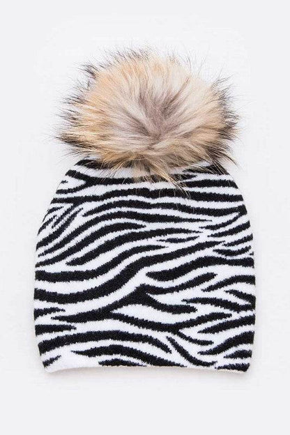 Mix Print Raccoon Fur Pom Iconic Beanie - Shop Style & More | Fresh Looks, Everyday Deals & Free Shipping