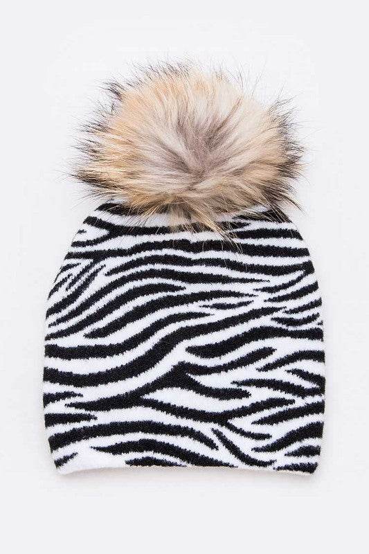 Mix Print Raccoon Fur Pom Iconic Beanie - Shop Style & More | Fresh Looks, Everyday Deals & Free Shipping