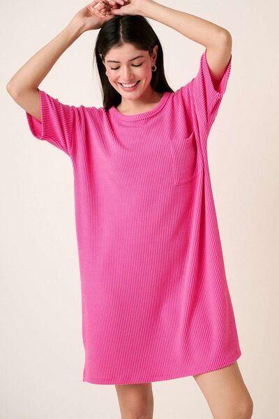 Mittoshop Urban Rib Knit Short Sleeve Tee Dress Hot Pink Casual Dresses