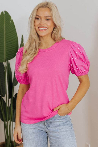 Shiloh Ribbed Pearl Beaded Puff Sleeve Top - Shop Style & More | Fresh Looks, Everyday Deals & Free Shipping