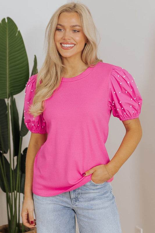 Shiloh Ribbed Pearl Beaded Puff Sleeve Top - Shop Style & More | Fresh Looks, Everyday Deals & Free Shipping