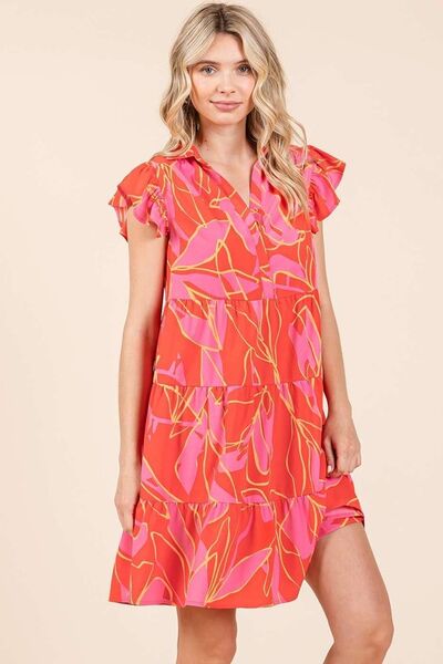 Mittoshop Leaf Print Ruffle Sleeve Tiered Mini Dress Casual Dresses