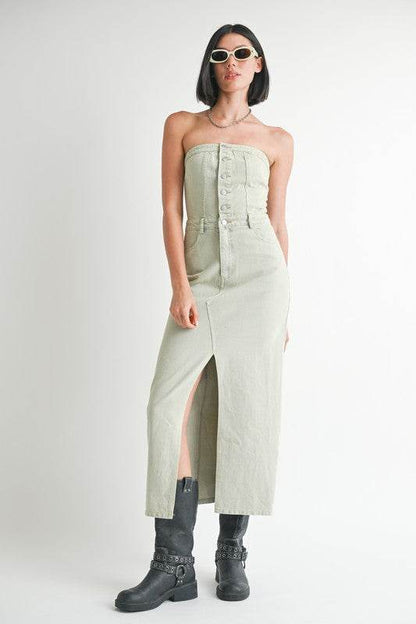 BUTTON UP TUBE DENIM DRESS WITH SLIT - Shop Style & More | Fresh Looks, Everyday Deals & Free Shipping