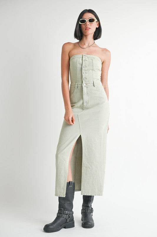BUTTON UP TUBE DENIM DRESS WITH SLIT - Shop Style & More | Fresh Looks, Everyday Deals & Free Shipping