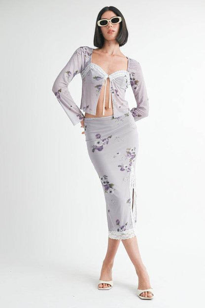 FLORAL MIDI SKIRT WITH LACE TRIM - Shop Style & More | Fresh Looks, Everyday Deals & Free Shipping