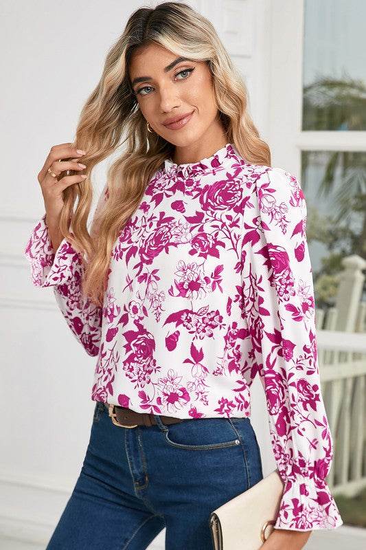 Floral Print Flounce Sleeve Keyhole Back Blouse - Shop Style & More | Fresh Looks, Everyday Deals & Free Shipping