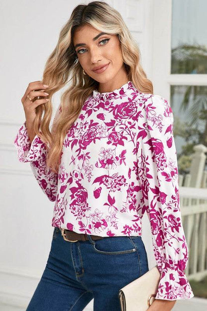 Floral Print Flounce Sleeve Keyhole Back Blouse - Shop Style & More | Fresh Looks, Everyday Deals & Free Shipping