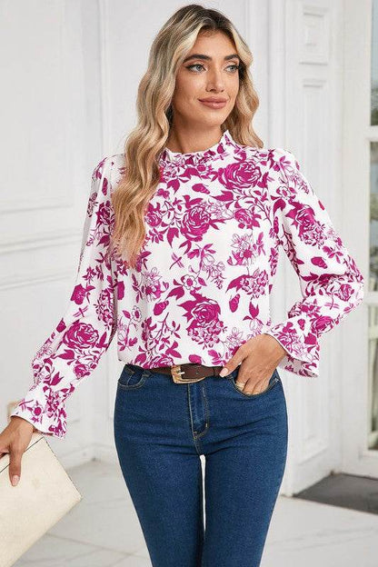 Floral Print Flounce Sleeve Keyhole Back Blouse - Shop Style & More | Fresh Looks, Everyday Deals & Free Shipping