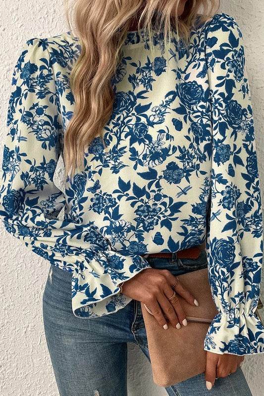 Floral Print Flounce Sleeve Keyhole Back Blouse - Shop Style & More | Fresh Looks, Everyday Deals & Free Shipping