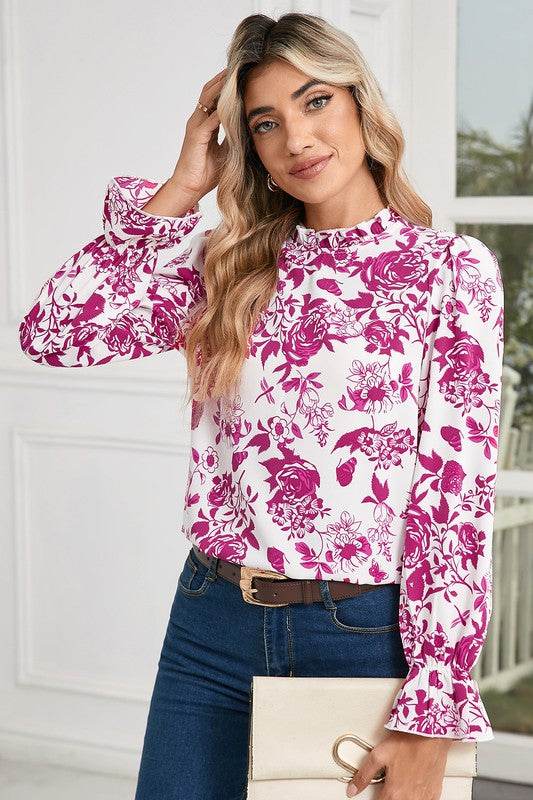 Floral Print Flounce Sleeve Keyhole Back Blouse - Shop Style & More | Fresh Looks, Everyday Deals & Free Shipping
