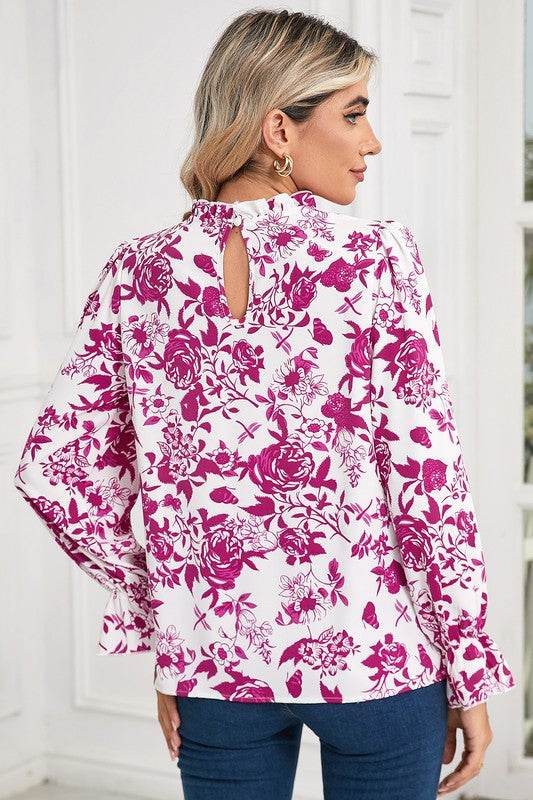 Floral Print Flounce Sleeve Keyhole Back Blouse - Shop Style & More | Fresh Looks, Everyday Deals & Free Shipping