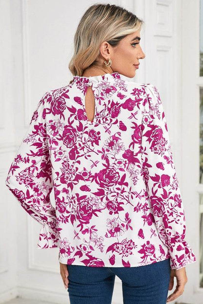 Floral Print Flounce Sleeve Keyhole Back Blouse - Shop Style & More | Fresh Looks, Everyday Deals & Free Shipping