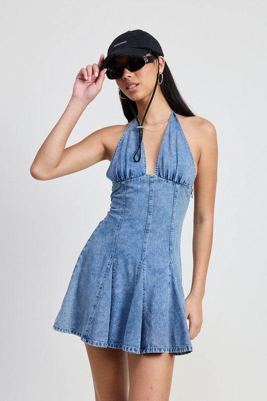 MINI HALTER NECK DENIM DRESS - Shop Style & More | Fresh Looks, Everyday Deals & Free Shipping
