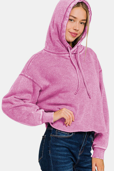 Zenana Acid Wash Fleece Cropped Hoodie Hoodies & Sweaters