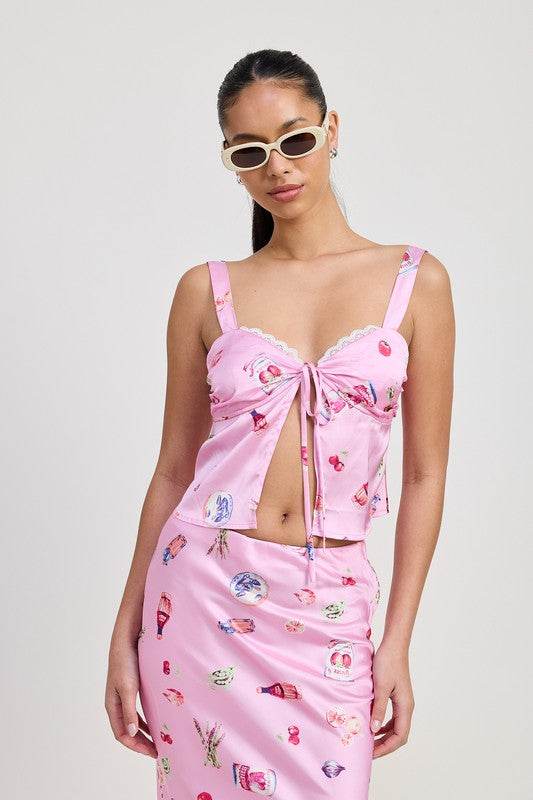 PRINTED SATIN FLY AWAY TOP WITH LACE TRIM - Shop Style & More | Fresh Looks, Everyday Deals & Free Shipping