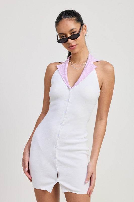 CONTRAST COLLAR RIBBED MINI HALTER DRESS - Shop Style & More | Fresh Looks, Everyday Deals & Free Shipping