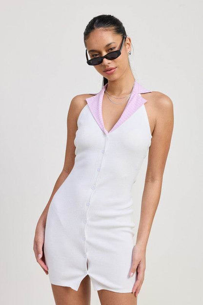 CONTRAST COLLAR RIBBED MINI HALTER DRESS - Shop Style & More | Fresh Looks, Everyday Deals & Free Shipping