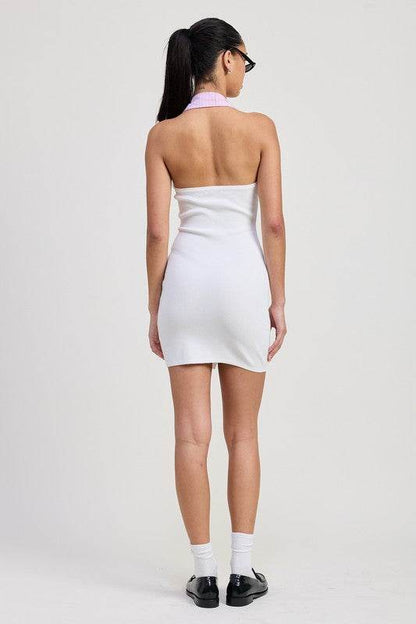CONTRAST COLLAR RIBBED MINI HALTER DRESS - Shop Style & More | Fresh Looks, Everyday Deals & Free Shipping