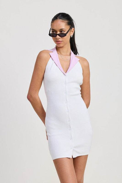 CONTRAST COLLAR RIBBED MINI HALTER DRESS - Shop Style & More | Fresh Looks, Everyday Deals & Free Shipping