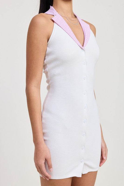 CONTRAST COLLAR RIBBED MINI HALTER DRESS - Shop Style & More | Fresh Looks, Everyday Deals & Free Shipping