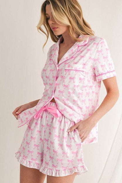 Bowknot Shirt and Ruffle Hem Shorts Pajama Set - Shop Style & More | Fresh Looks, Everyday Deals & Free Shipping