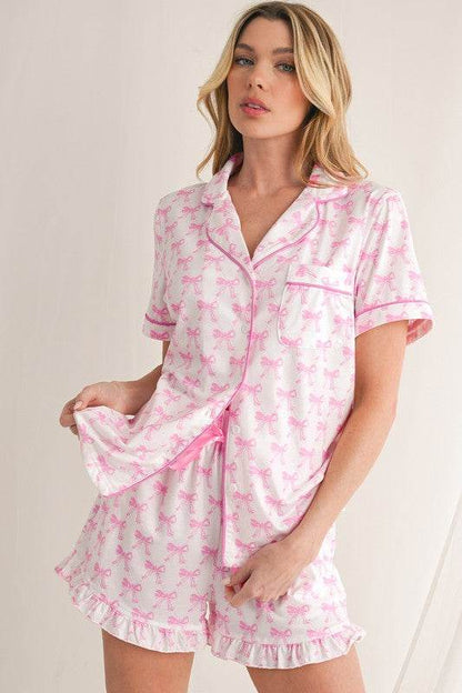 Bowknot Shirt and Ruffle Hem Shorts Pajama Set - Shop Style & More | Fresh Looks, Everyday Deals & Free Shipping