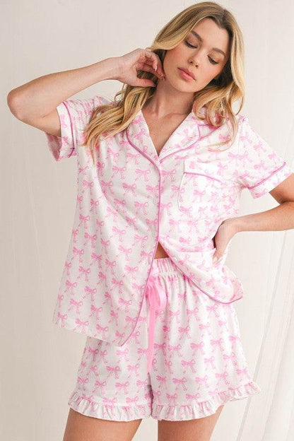 Bowknot Shirt and Ruffle Hem Shorts Pajama Set - Shop Style & More | Fresh Looks, Everyday Deals & Free Shipping