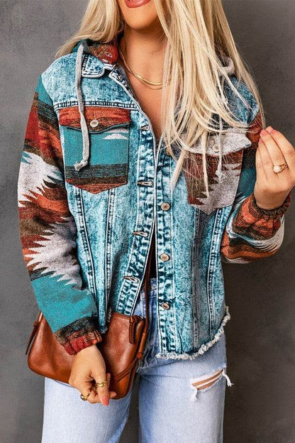 Geometric Print Frayed Hem Denim Jacket - Shop Style & More | Fresh Looks, Everyday Deals & Free Shipping