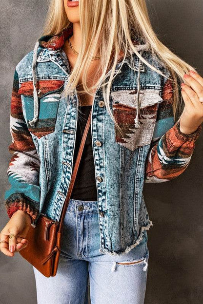 Geometric Print Frayed Hem Denim Jacket - Shop Style & More | Fresh Looks, Everyday Deals & Free Shipping