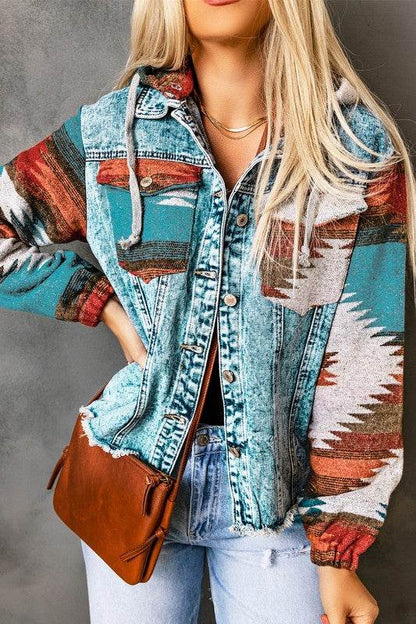 Geometric Print Frayed Hem Denim Jacket - Shop Style & More | Fresh Looks, Everyday Deals & Free Shipping