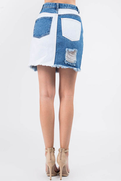 American Bazi Contrast Patched Frayed Denim Distressed Skirts - Shop Style & More | Fresh Looks, Everyday Deals & Free Shipping