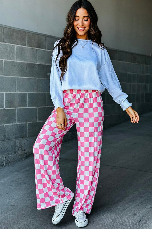 2-Tone Checked Print High Waist Wide Leg Pants Pink Women's Bottom - Pants