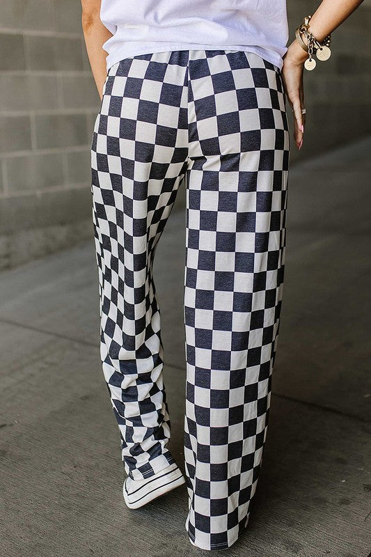 2-Tone Checked Print High Waist Wide Leg Pants Women's Bottom - Pants