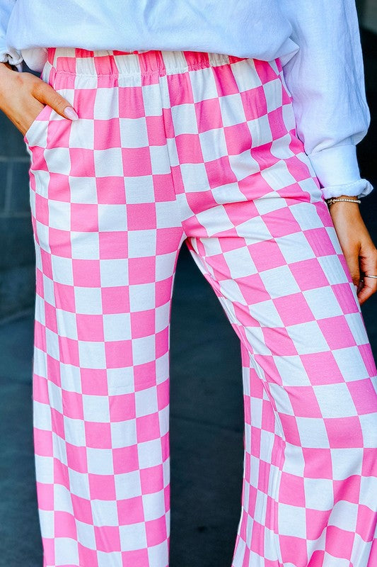 2-Tone Checked Print High Waist Wide Leg Pants Women's Bottom - Pants