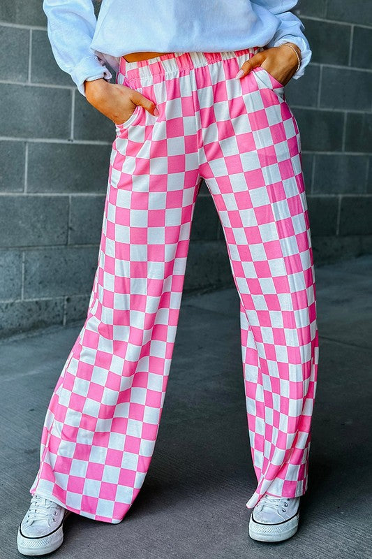 2-Tone Checked Print High Waist Wide Leg Pants Women's Bottom - Pants