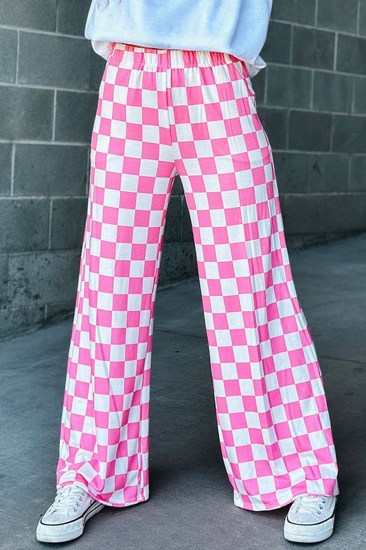 2-Tone Checked Print High Waist Wide Leg Pants Women's Bottom - Pants