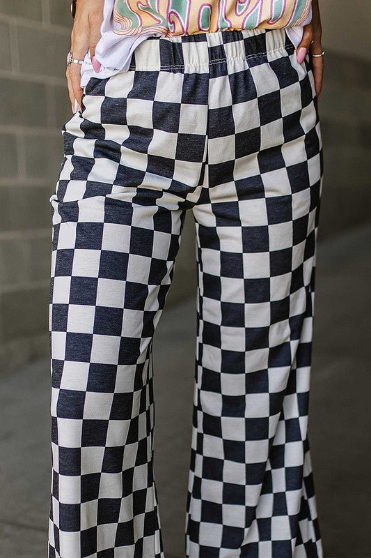 2-Tone Checked Print High Waist Wide Leg Pants Women's Bottom - Pants