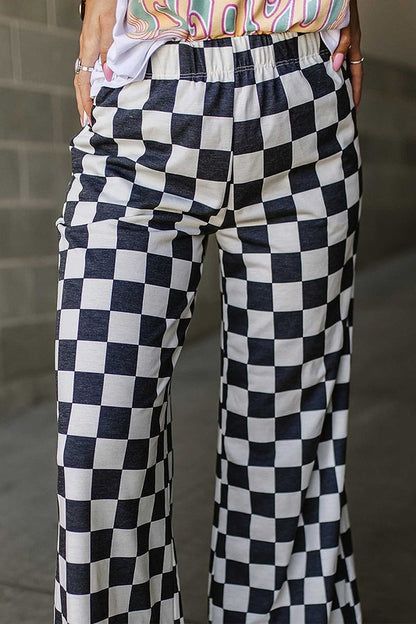 2-Tone Checked Print High Waist Wide Leg Pants Women's Bottom - Pants