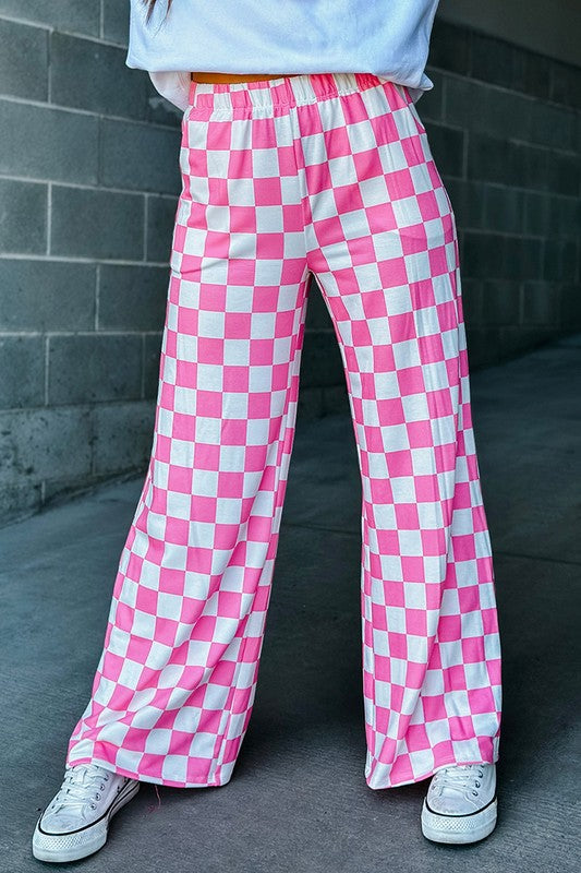 2-Tone Checked Print High Waist Wide Leg Pants Women's Bottom - Pants