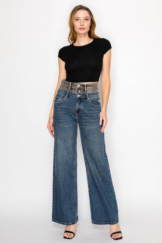 DOUBLE SNAP WAISTBAND ULTRA HIGH RISE WIDE JEANS - Shop Style & More | Fresh Looks, Everyday Deals & Free Shipping