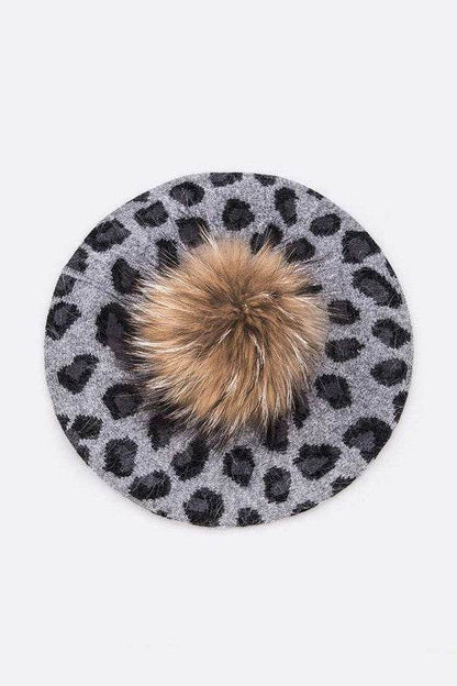 Wool Blend Leopard Print Raccoon Fur Pom Beret - Shop Style & More | Fresh Looks, Everyday Deals & Free Shipping