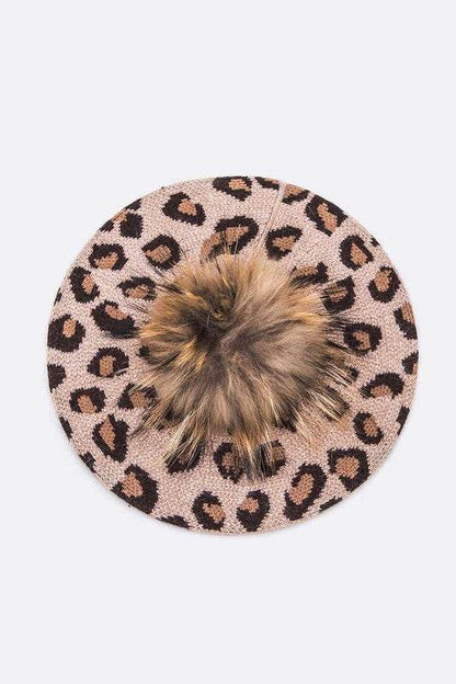 Wool Blend Leopard Print Raccoon Fur Pom Beret - Shop Style & More | Fresh Looks, Everyday Deals & Free Shipping