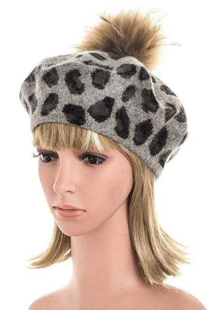 Wool Blend Leopard Print Raccoon Fur Pom Beret - Shop Style & More | Fresh Looks, Everyday Deals & Free Shipping