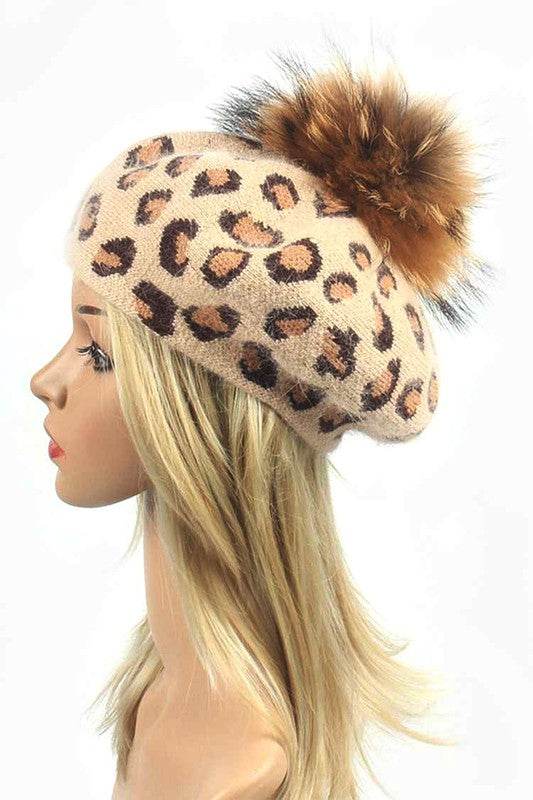 Wool Blend Leopard Print Raccoon Fur Pom Beret - Shop Style & More | Fresh Looks, Everyday Deals & Free Shipping
