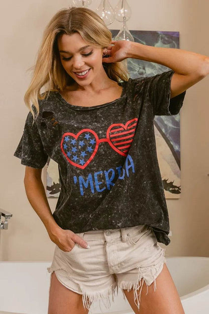 BiBi 4th Of July Theme Mineral Washed Laser Cut Top - Shop Style & More | Fresh Looks, Everyday Deals & Free Shipping