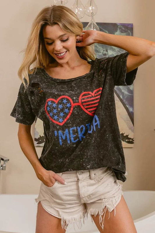 BiBi 4th Of July Theme Mineral Washed Laser Cut Top - Shop Style & More | Fresh Looks, Everyday Deals & Free Shipping