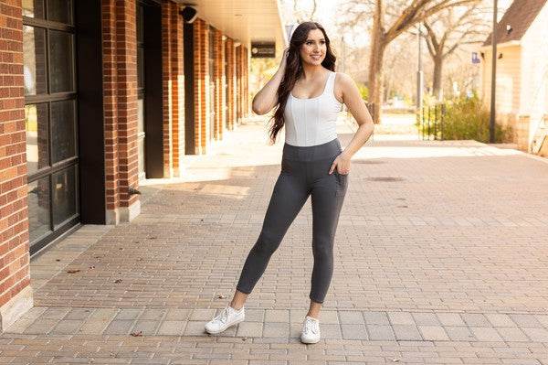 The Amy -7/8 Ankle Length CHARCOAL Leggings Pocket - Shop Style & More | Fresh Looks, Everyday Deals & Free Shipping