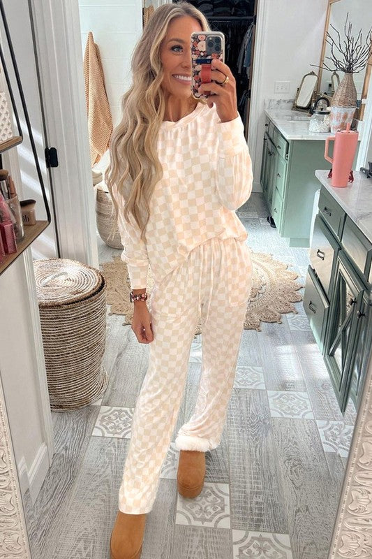 Checkered Print Long Sleeve Top Pants Lounge Set Women's Sleepwear
