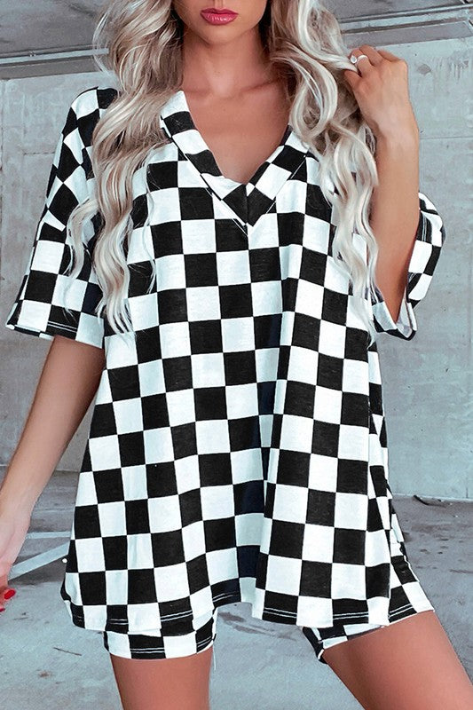 Checkerboard V Neck Tee and Shorts Lounge Set Women's Sleepwear