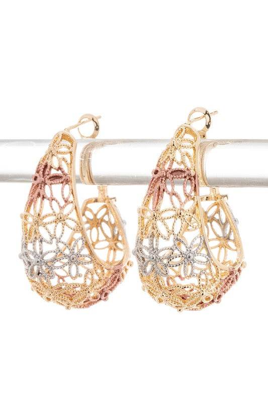 3 Tone Textured Laser Cut 3D Hoop Earrings - Shop Style & More | Fresh Looks, Everyday Deals & Free Shipping